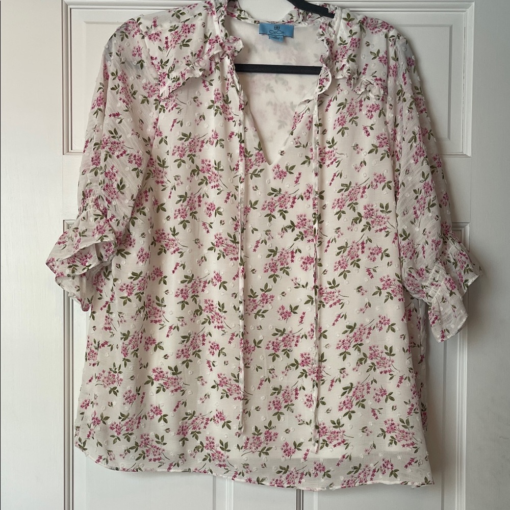 CeCe Tie Neck Dot Floral Blouse with Pink and White Accents